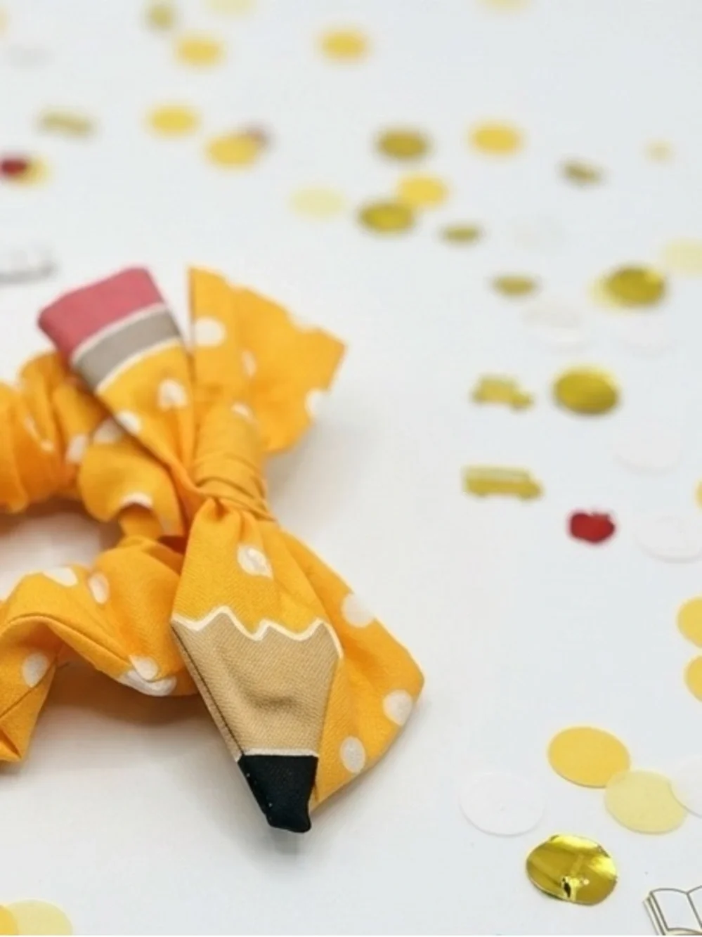 Handmade Pencil Bow Scrunchie Back to School Yellow Polka Dot Teacher Gift